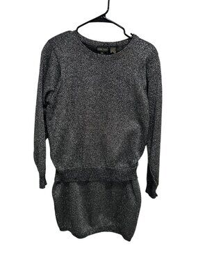 Jeanne Pierre Set Medium Metallic Knit Sweater Skirt Black Silver Party Evening